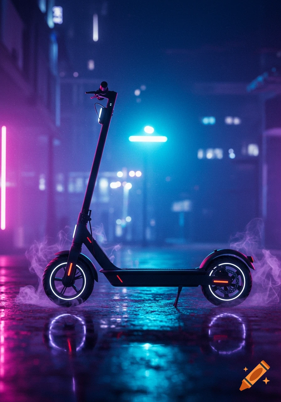 A sleek black electric scooter illuminated by neon pink and blue lights on a wet city street at night, with smoke rising from the ground.