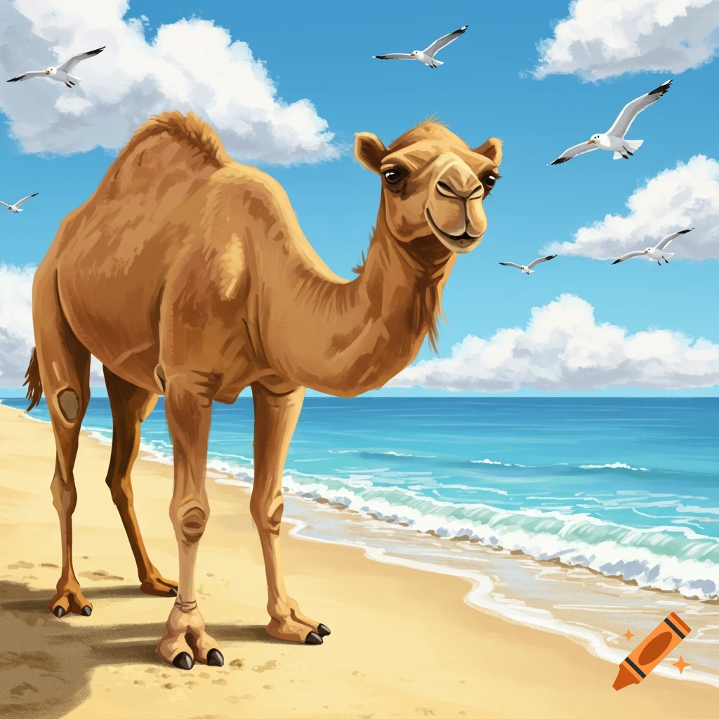 An illustration of a friendly camel on a sunny sandy beach next to the blue ocean, with seagulls flying.