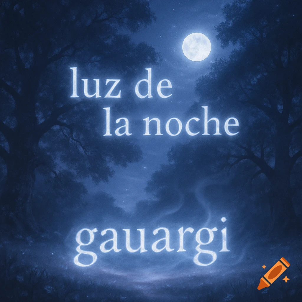 A full moon illuminates a dark forest with glowing text 'luz de la noche' and 'gauargi' in a mystical night scene.