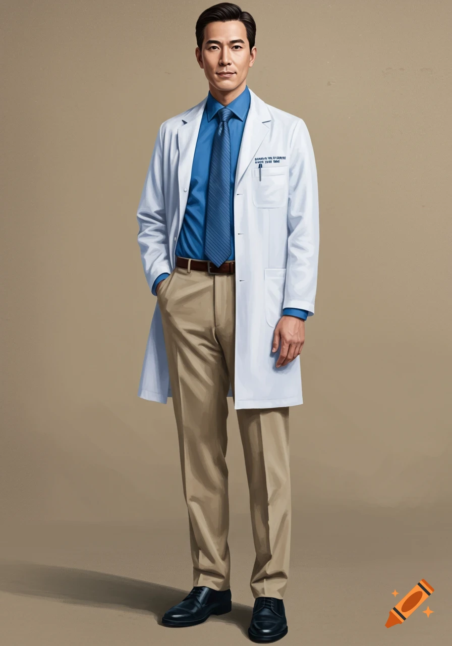 A full body portrait of an Asian man wearing a blue shirt, tie, white doctor's coat, beige pants, and black shoes, standing on a neutral background.