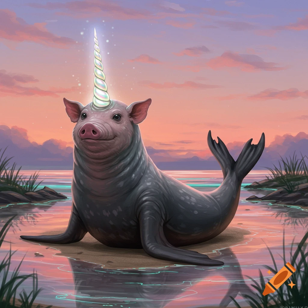 A whimsical creature with a seal body, pig face, and glowing unicorn horn sits on a beach at sunset, reflecting in the water.