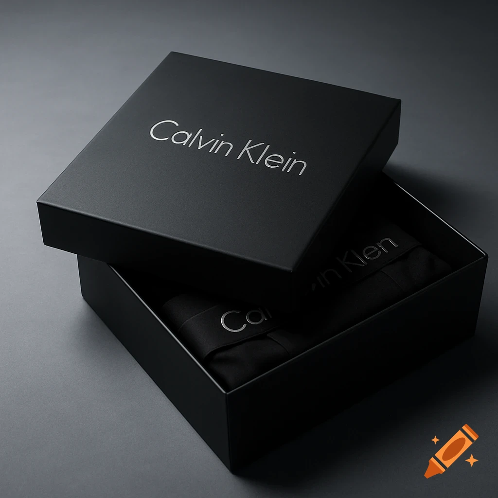 Open black Calvin Klein box showcasing black underwear with the brand logo, on a dark background.