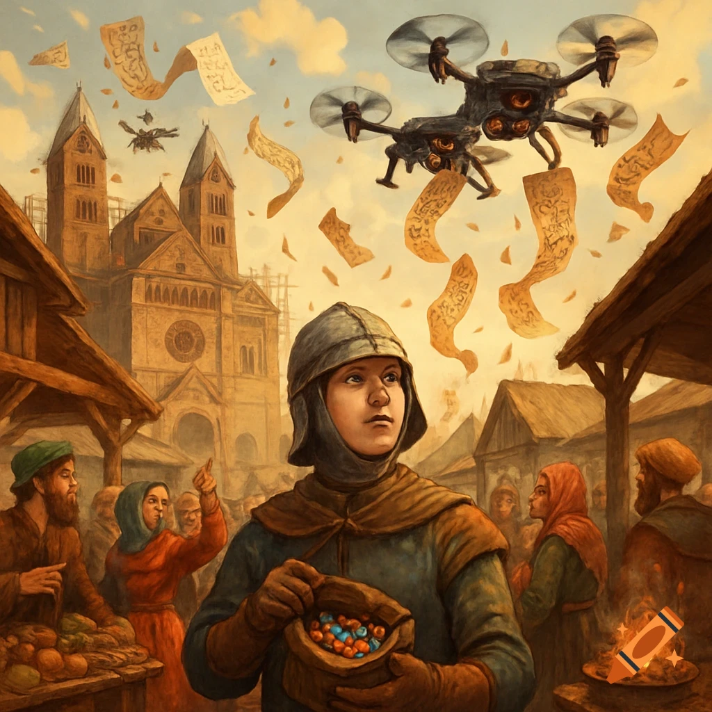 A boy in medieval clothing holds a bag of colorful candies, looking up at drones dropping scrolls over a bustling medieval marketplace with a cathedral in the background.