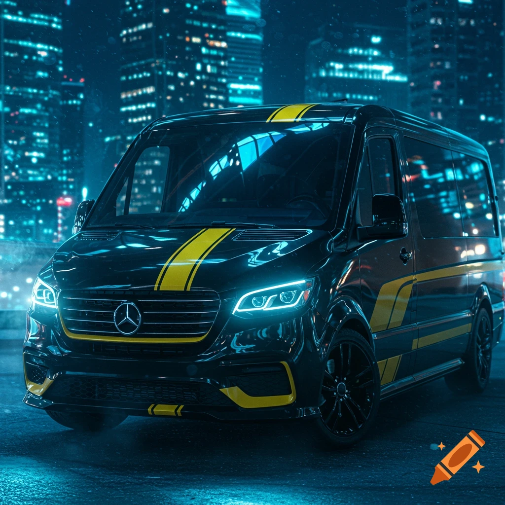 A sleek black Mercedes-Benz van with bright yellow racing stripes and glowing headlights, parked on a city street at night with blurred neon city lights in the background.