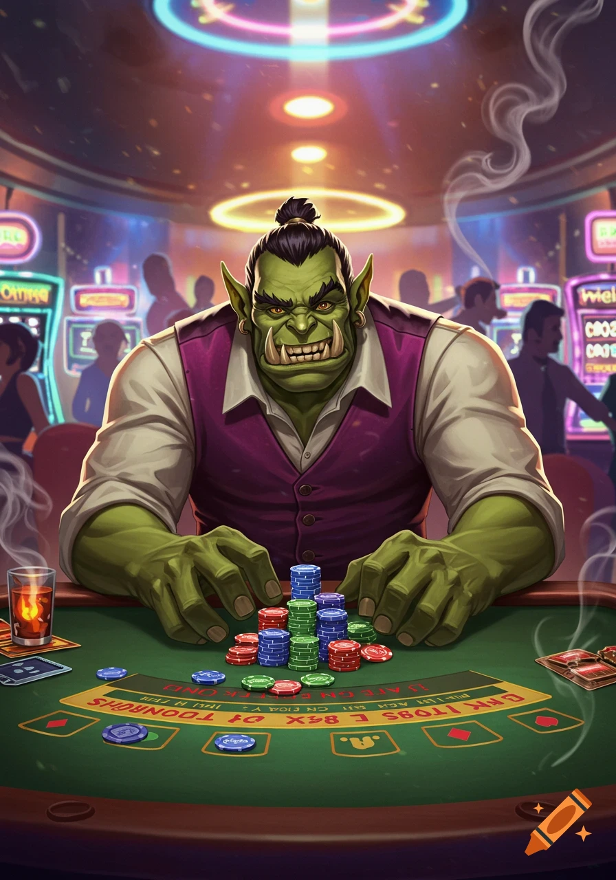 Animated orc with a mohawk and tusks plays a card game at a vibrant casino table with a large stack of chips.