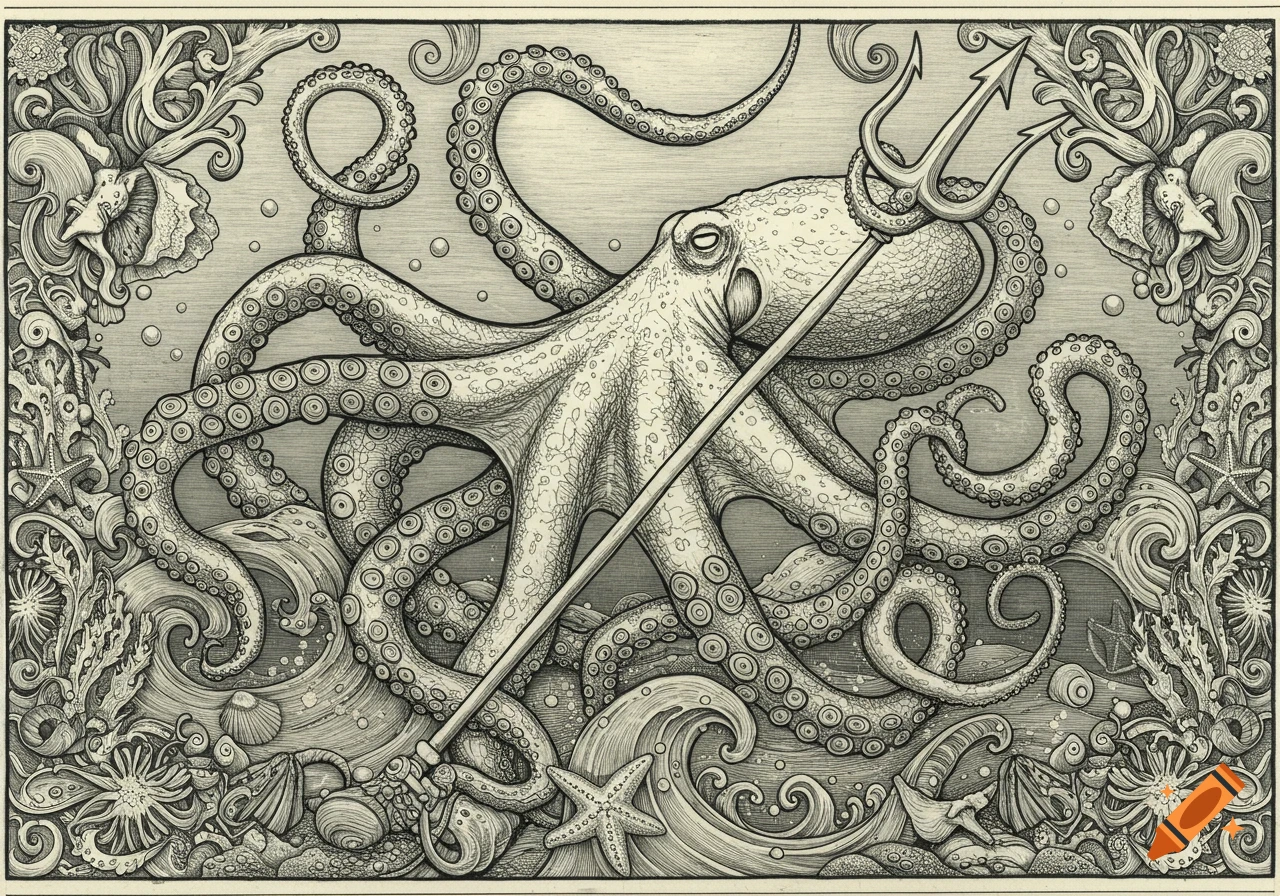 Monochrome engraving of an octopus holding a trident, surrounded by detailed underwater flora, shells, and starfish.