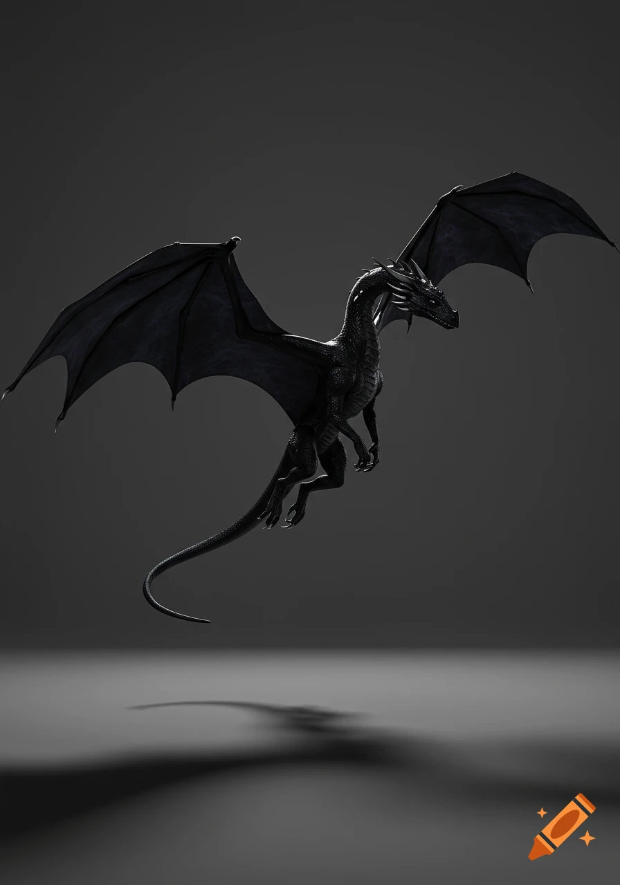 A sleek black dragon with large wings flies against a plain dark grey background, casting a shadow below.