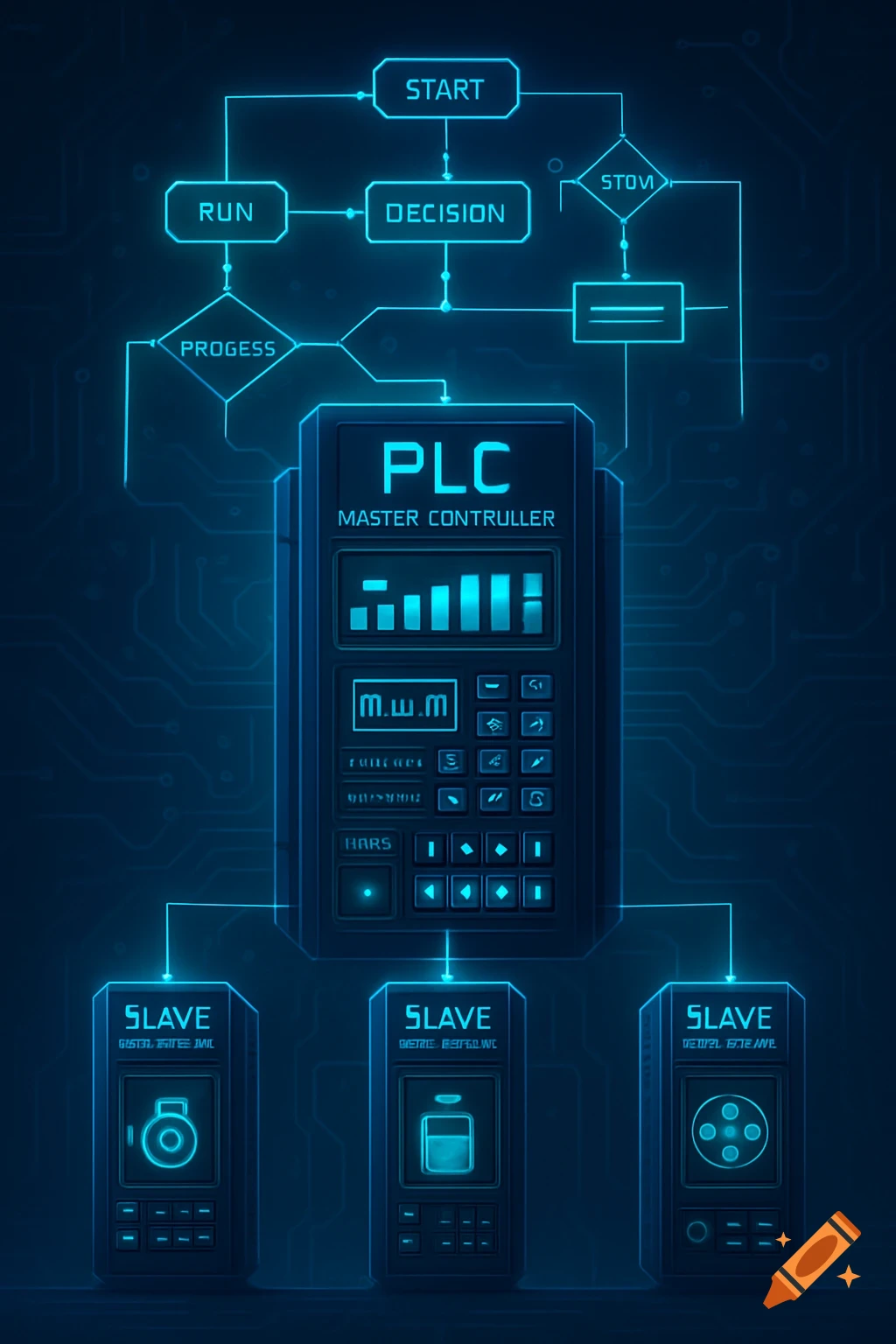 A glowing blue digital flowchart for a PLC Master Controller connected to three Slave controllers, against a circuit board background.