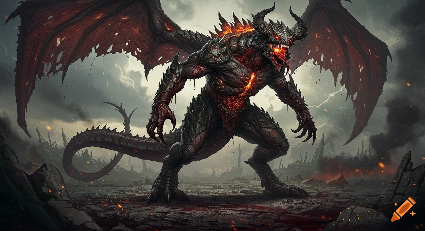 A colossal, fiery dragon-demon monster with glowing eyes stands on a devastated, stormy landscape, roaring.