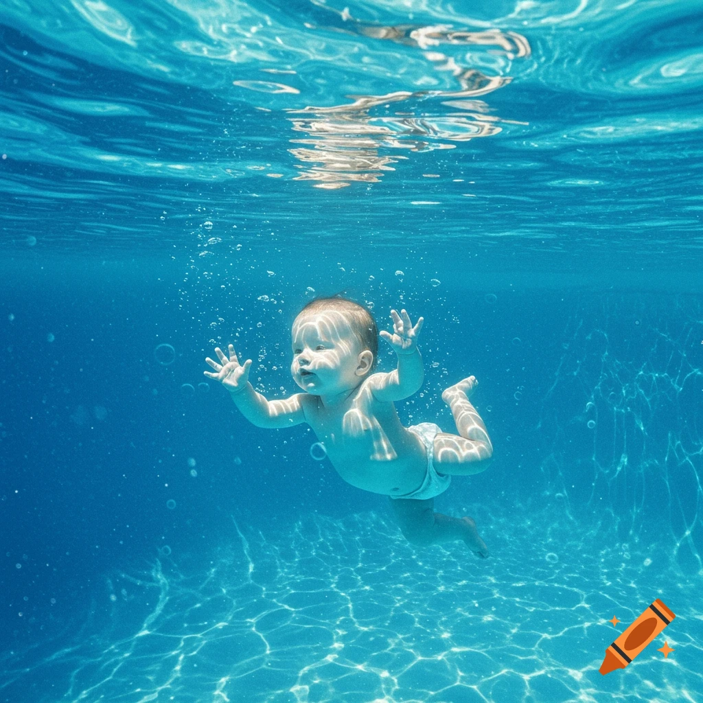 A photorealistic image of a baby in a diaper swimming underwater in a pool, light dappling the surface.