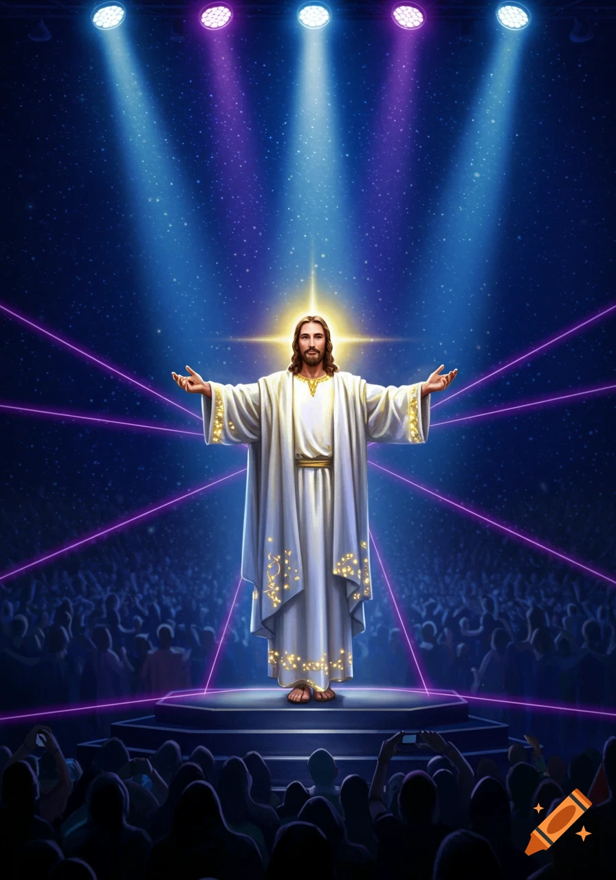 Vibrant digital illustration of Jesus with outstretched arms on a stage, illuminated by spotlights and laser beams, before a large crowd.