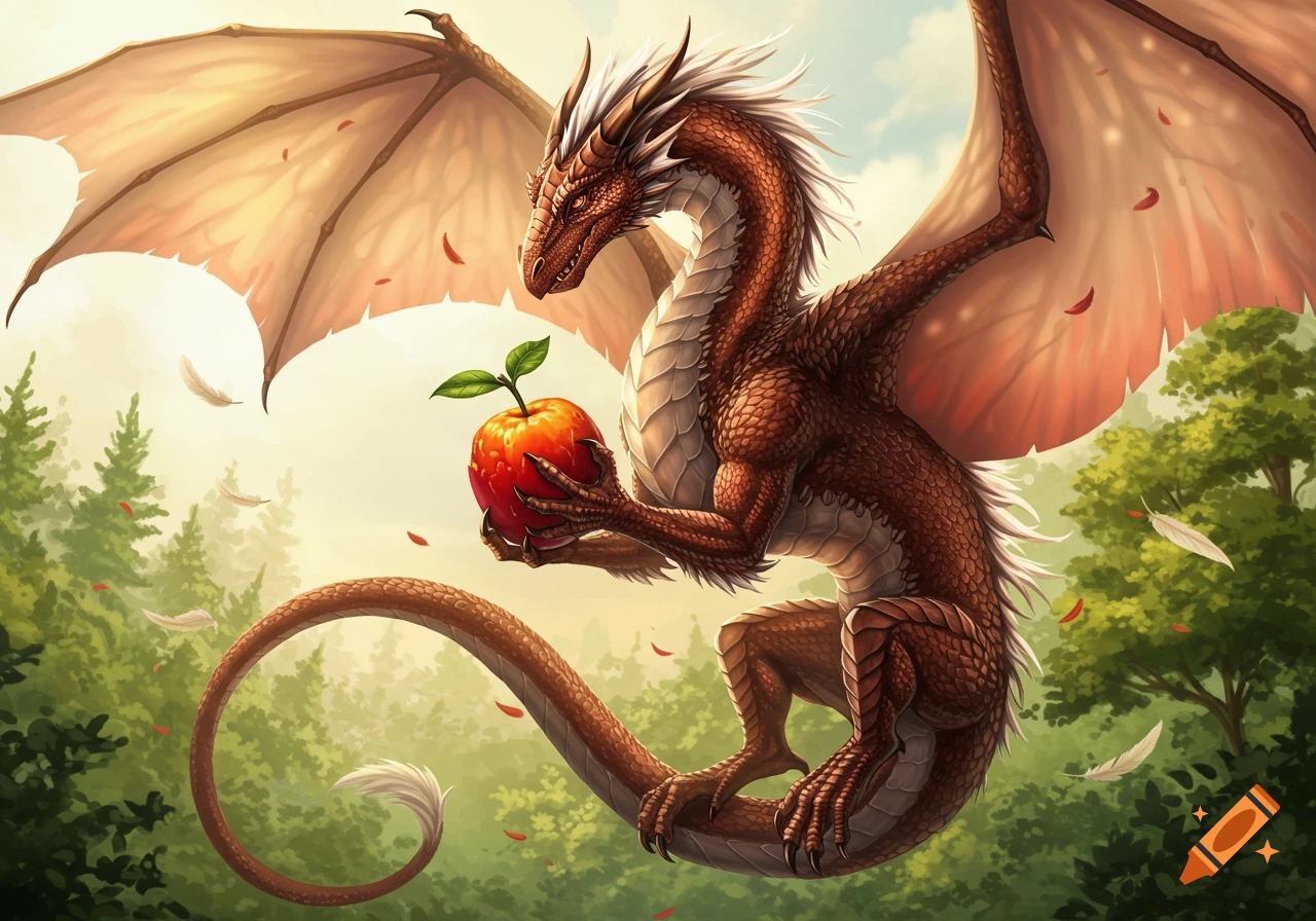 A majestic bronze dragon with white feathers holds a glowing red apple in a vibrant fantasy forest.