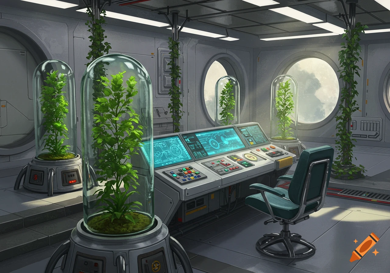 A futuristic control room with a large console featuring multiple glowing blue screens, a green office chair, and several glass bell jars containing vibrant green plants.