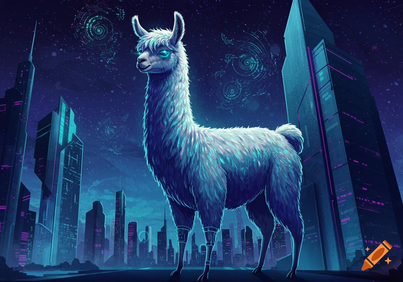 A stylized white llama with glowing blue eyes and cybernetic leg bands stands in a neon futuristic city at night.