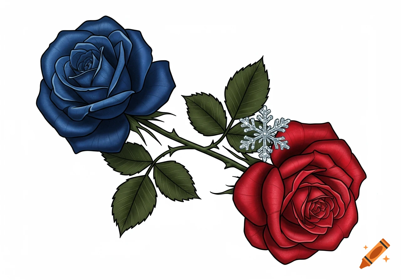 A vibrant illustration of a blue rose and a red rose with entwined stems, adorned with a silvery snowflake.