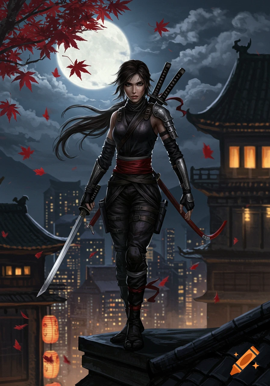 A female ninja in a dark outfit stands on a Japanese rooftop at night with a full moon and falling red maple leaves.