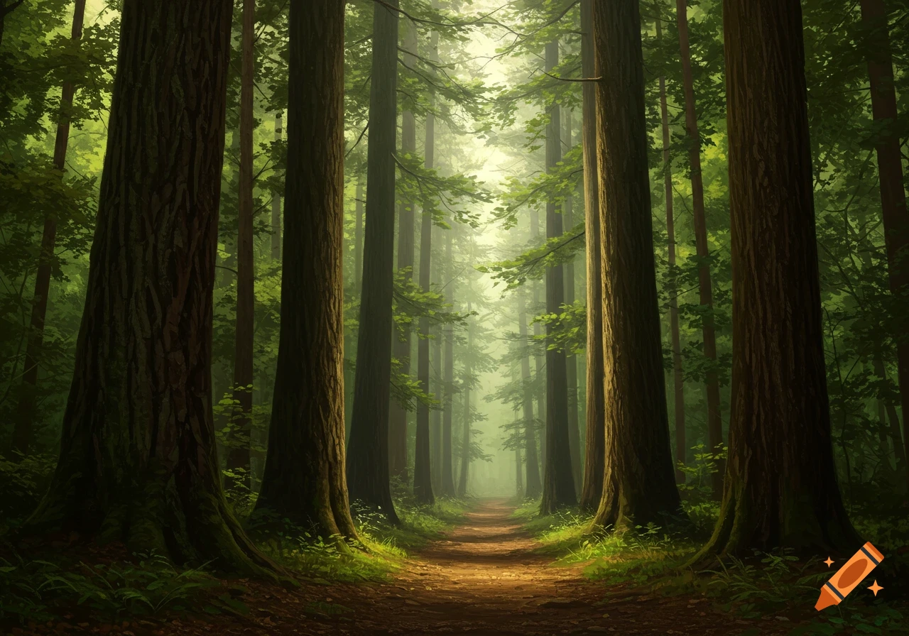 A painterly image of a dense, misty forest with a dirt path winding through towering trees, emphasizing depth.