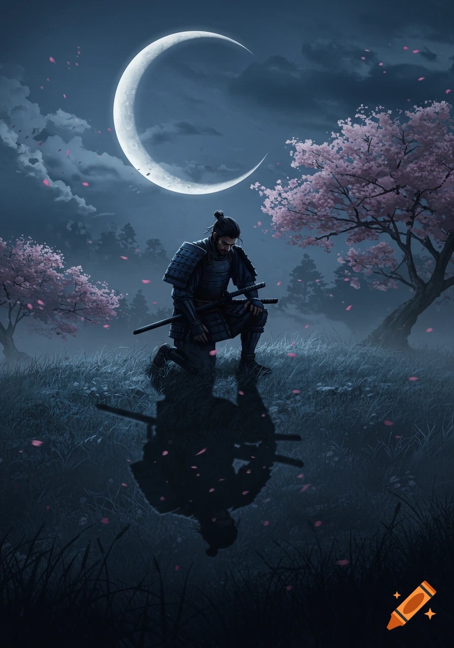 A samurai kneels in a moonlit field with cherry blossoms, his reflection visible below.