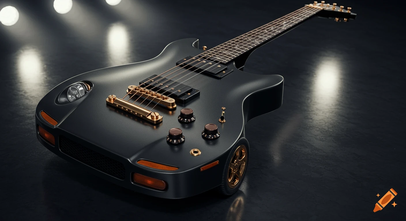 Photorealistic black metallic electric guitar with copper/gold hardware, featuring car headlights, grille, and wheel, on a dark stage.