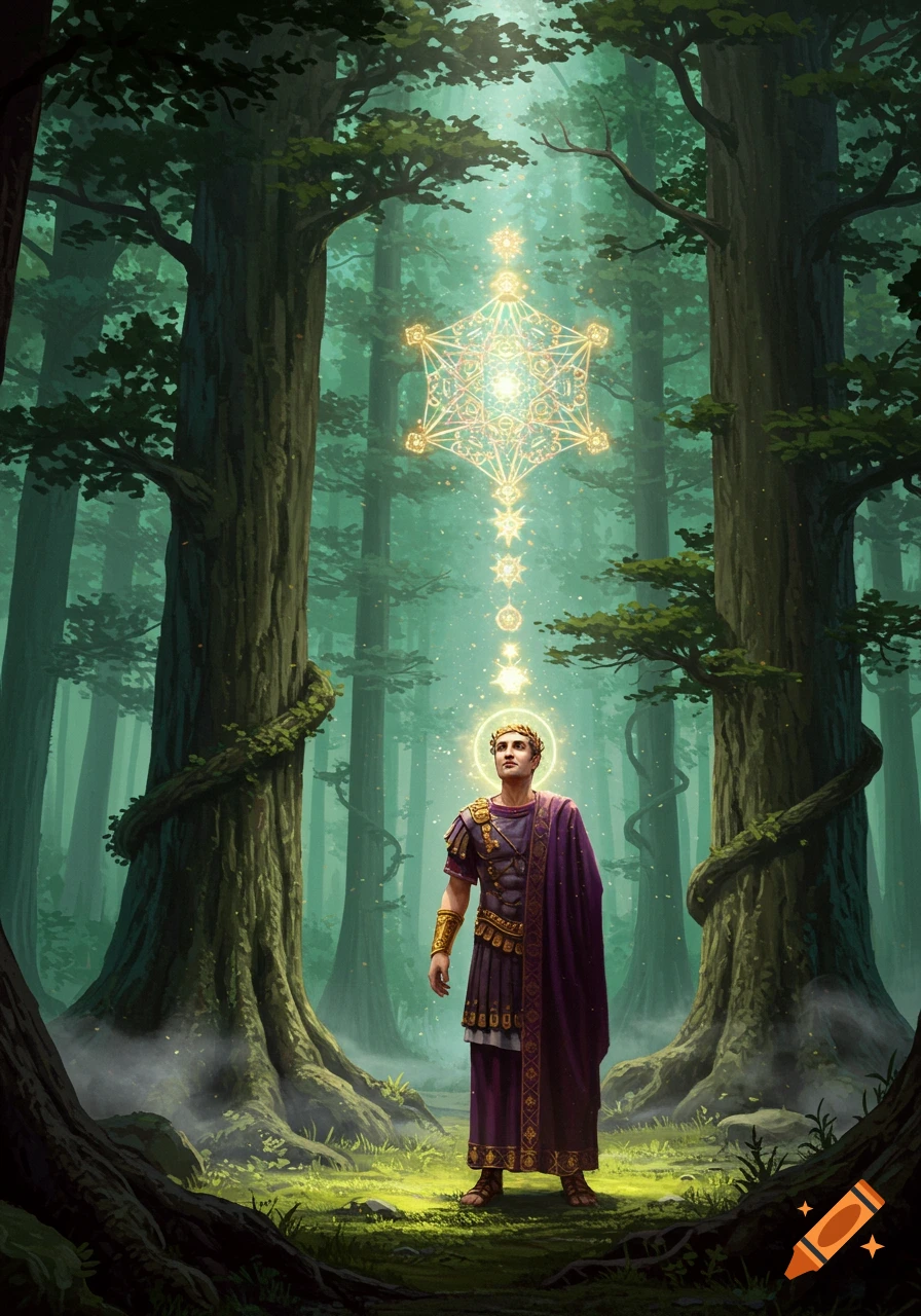 A Roman emperor in a forest gazes up at a glowing geometric mystical vision, rendered in a detailed digital art style.