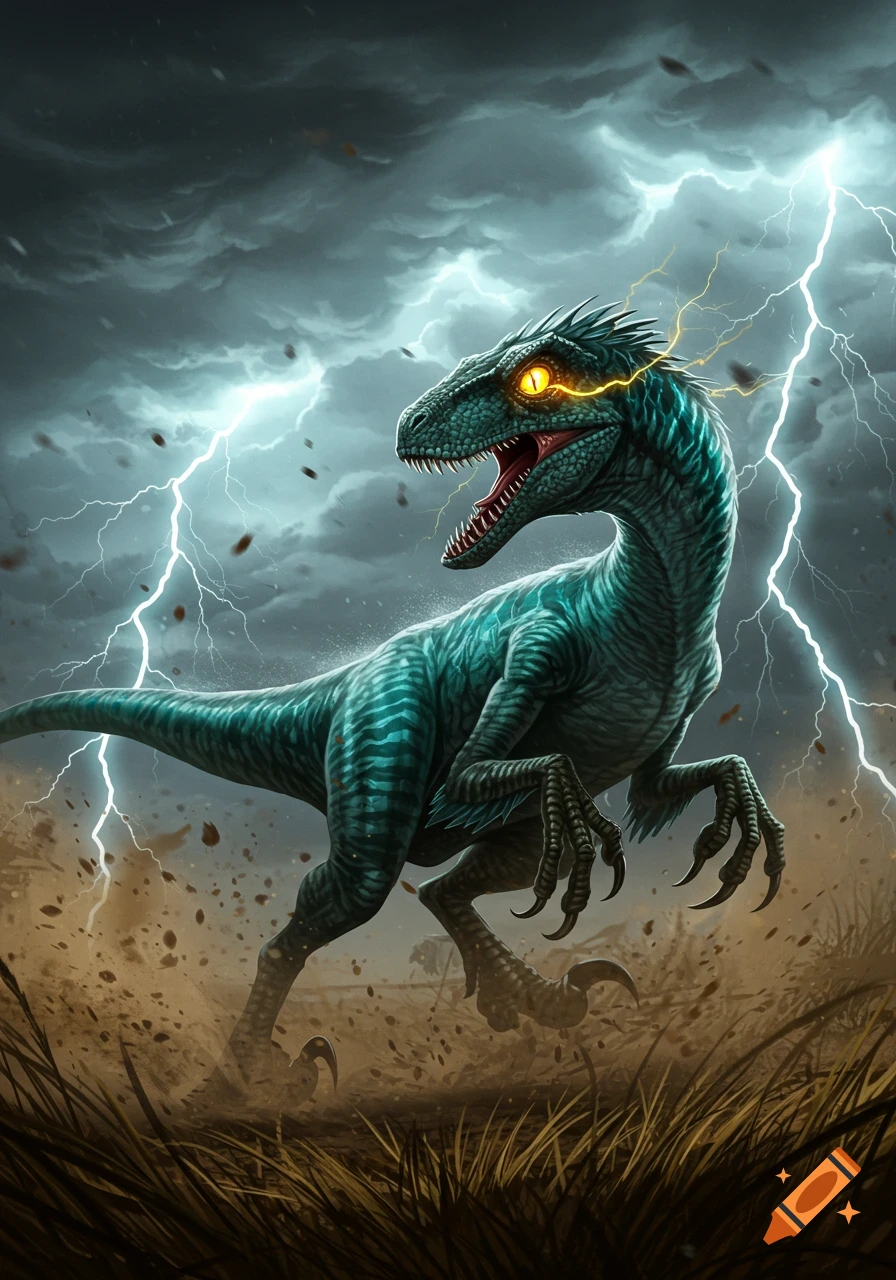 A fierce teal raptor with glowing yellow eyes and lightning around its head, roaring in a stormy landscape with multiple lightning strikes.