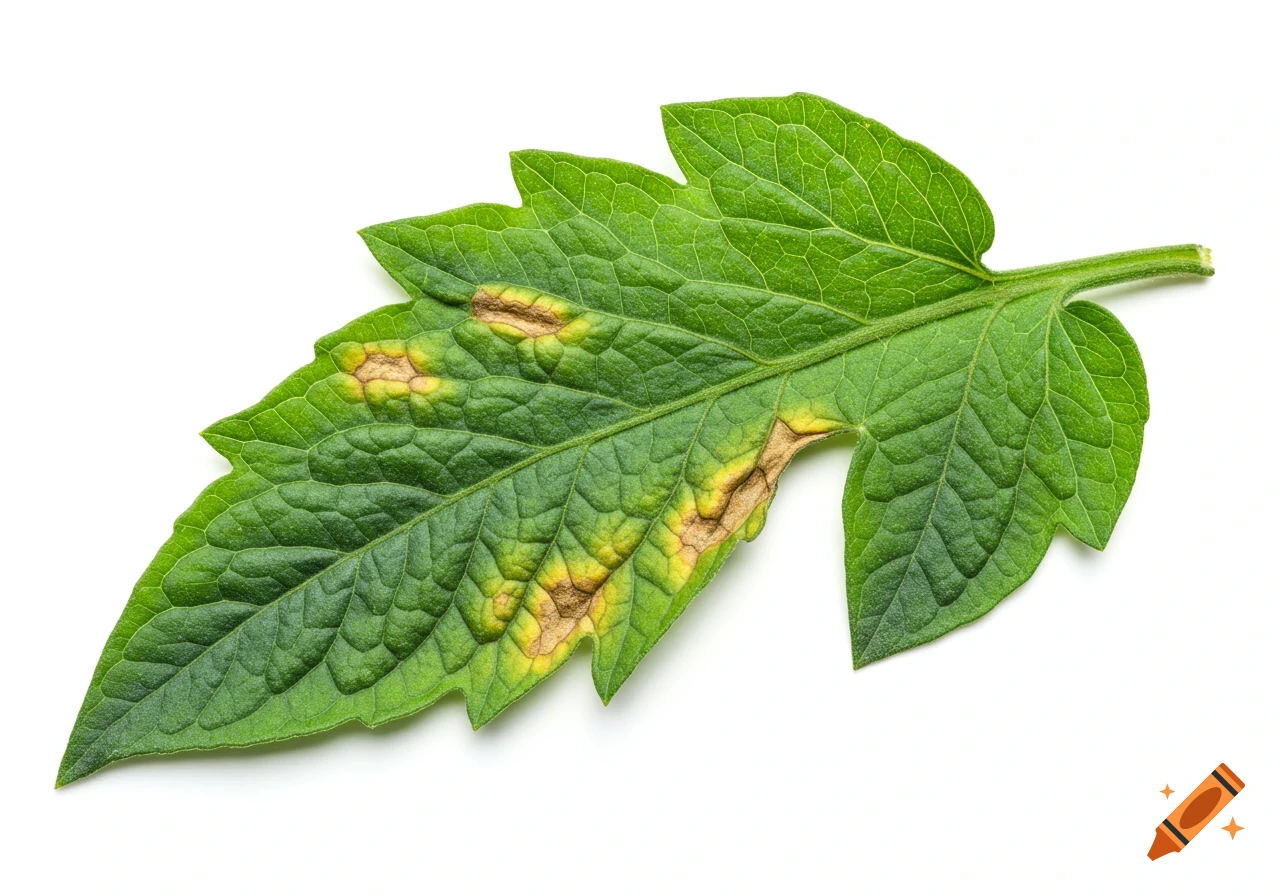 Photorealistic close-up of a green tomato leaf with yellow and brown mildew spots on a white background.