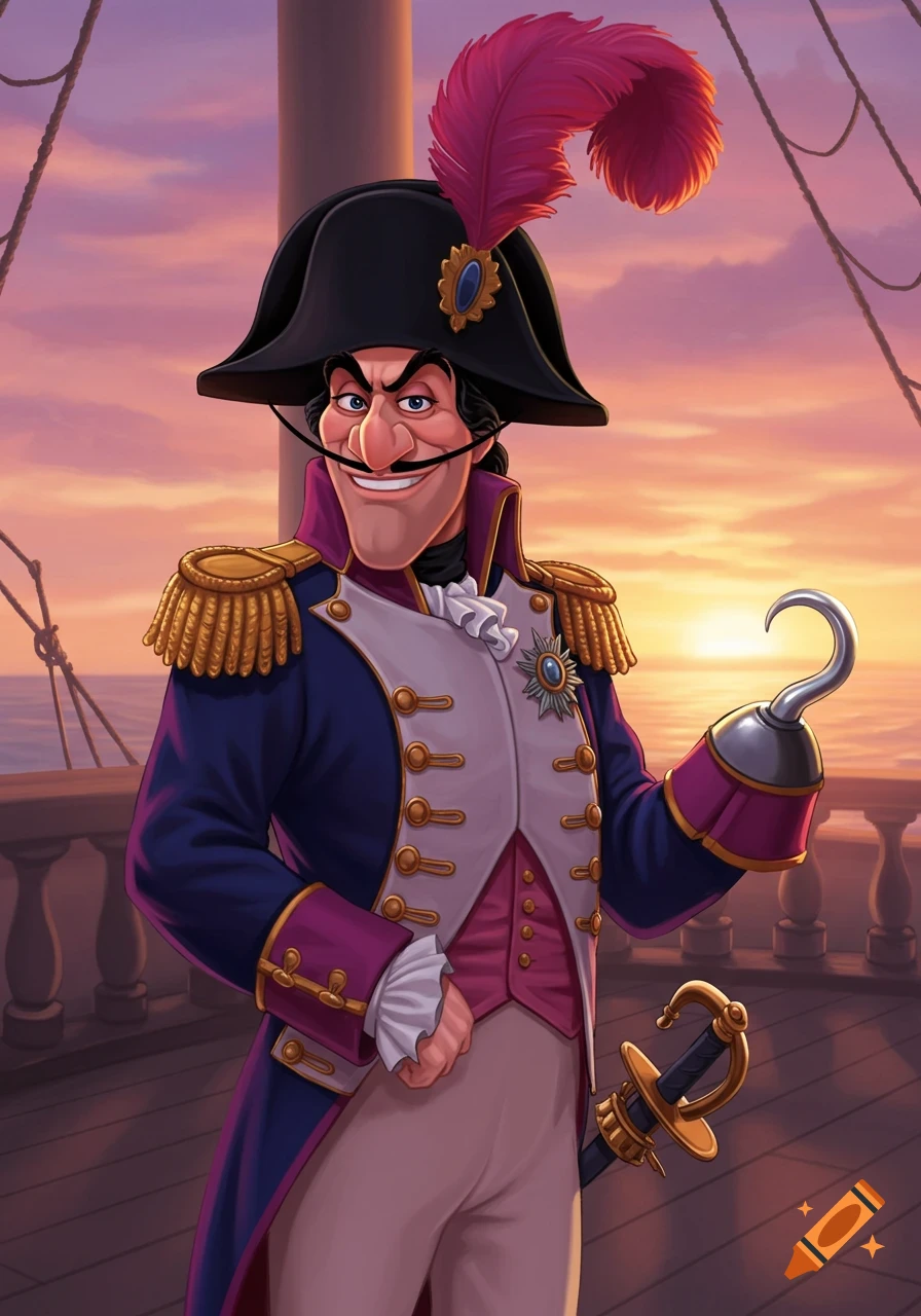 Cartoon Captain Hook in a blue and white Napoleon-style uniform, with a red feathered hat, hook hand, and sword, standing on a ship deck at sunset.