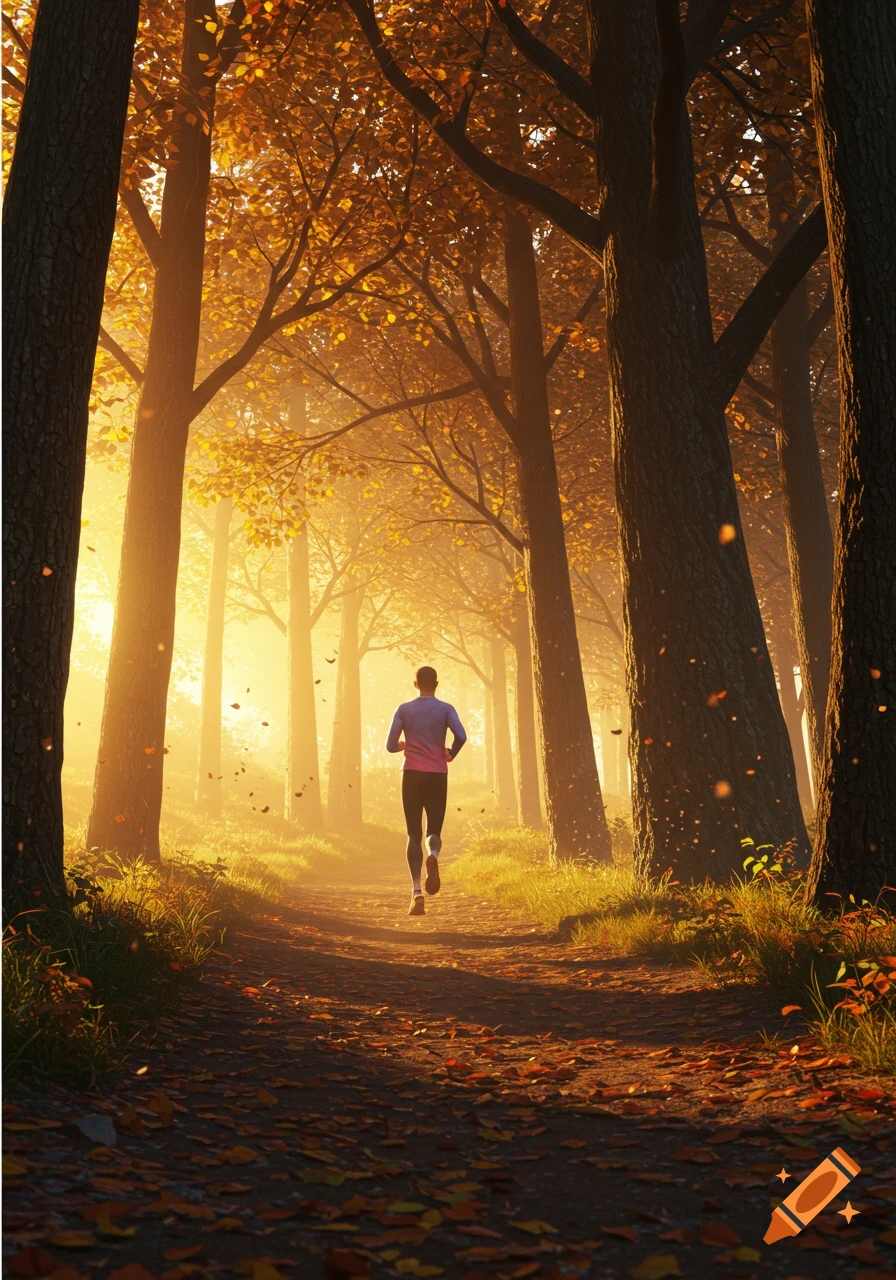 A person runs down a sunlit forest path covered in autumn leaves.