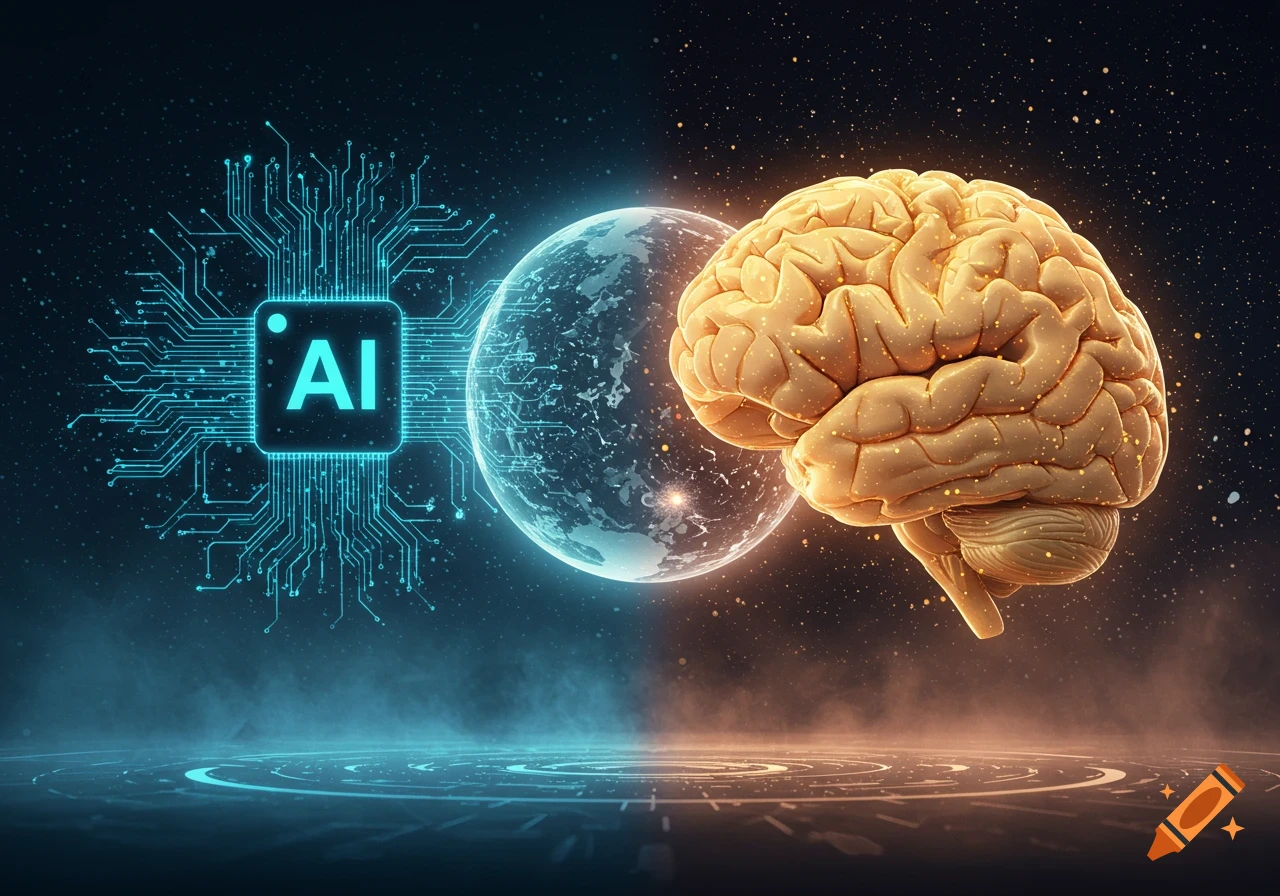 A glowing blue AI microchip with circuit lines next to a detailed human brain, floating in a dark, starry, sci-fi space.