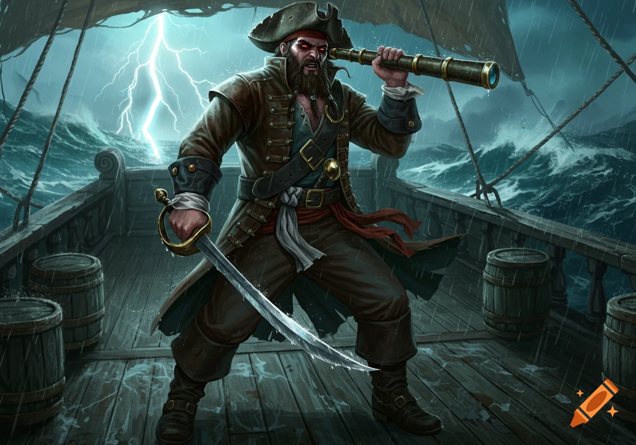 An angry pirate captain with a beard and red eyes stands on a stormy ship deck, holding a sword and telescope amidst lightning.