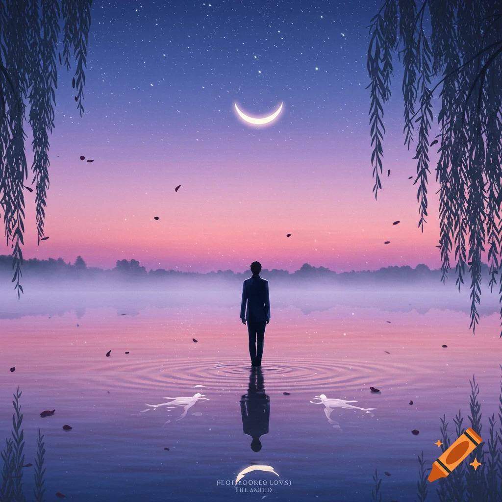 A lone person stands in tranquil water under a crescent moon in a pastel twilight sky, with willow branches framing the scene.
