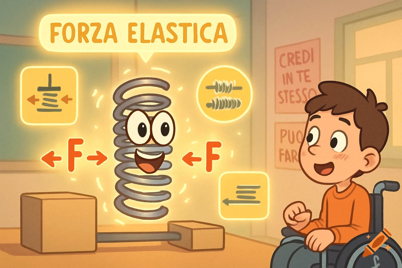 A cartoon boy in a wheelchair observing a smiling spring demonstrating elastic force between two boxes. Educational style.