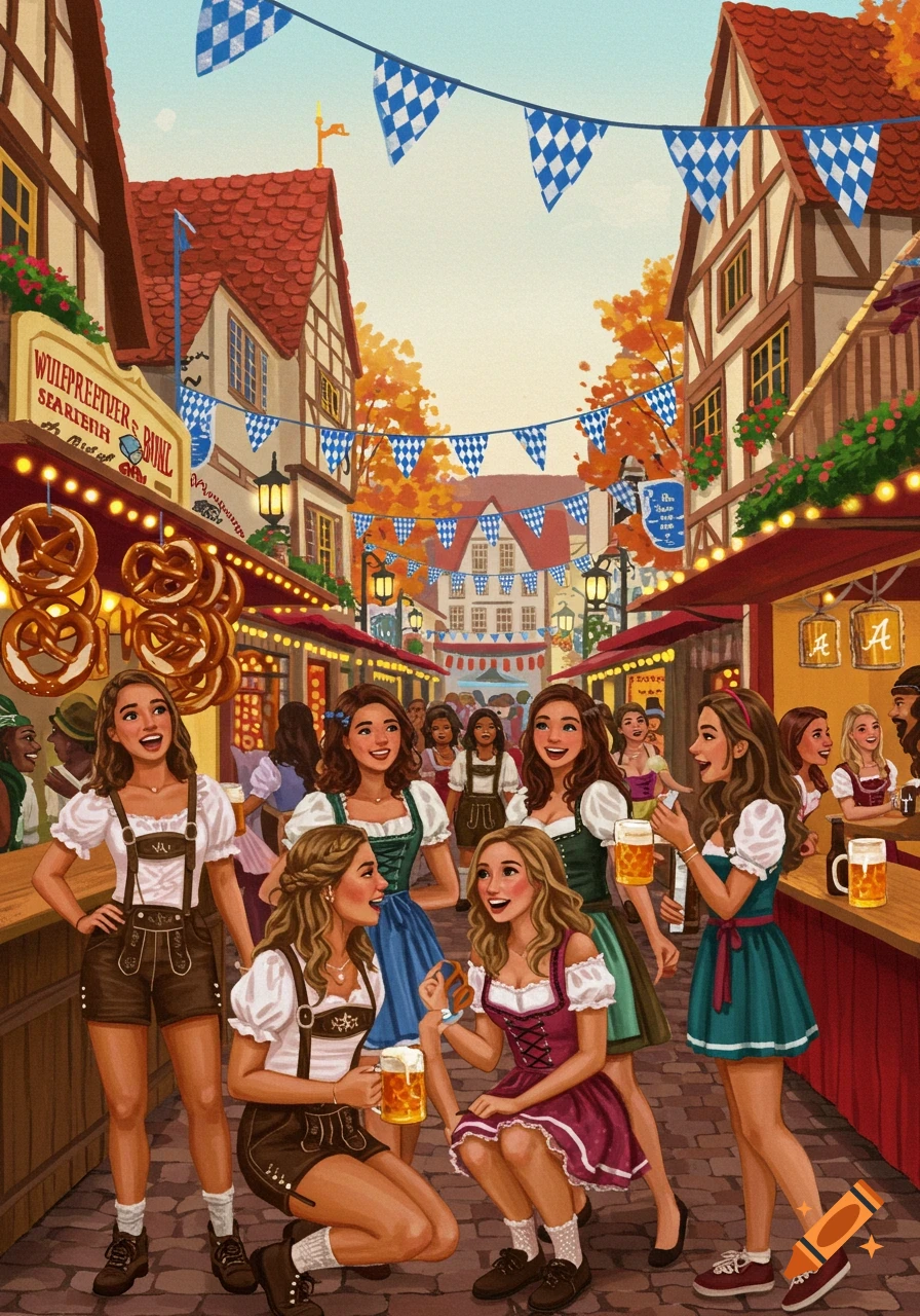 An illustration of women in traditional German attire celebrating at an outdoor Oktoberfest market with pretzels and beer.