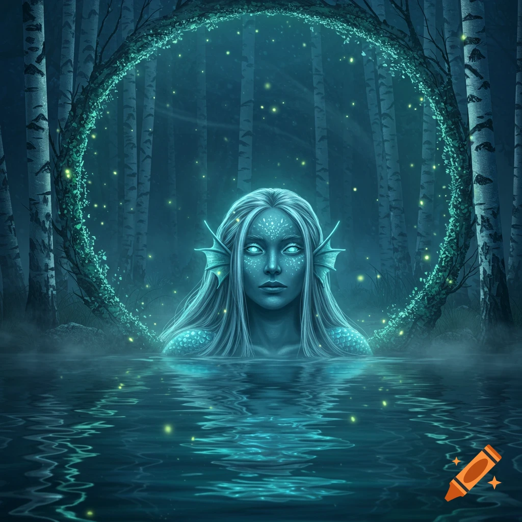 A mystical blue water spirit with glowing eyes and fin-like ears emerges from dark water in a moonlit birch forest, encircled by a glowing wreath.