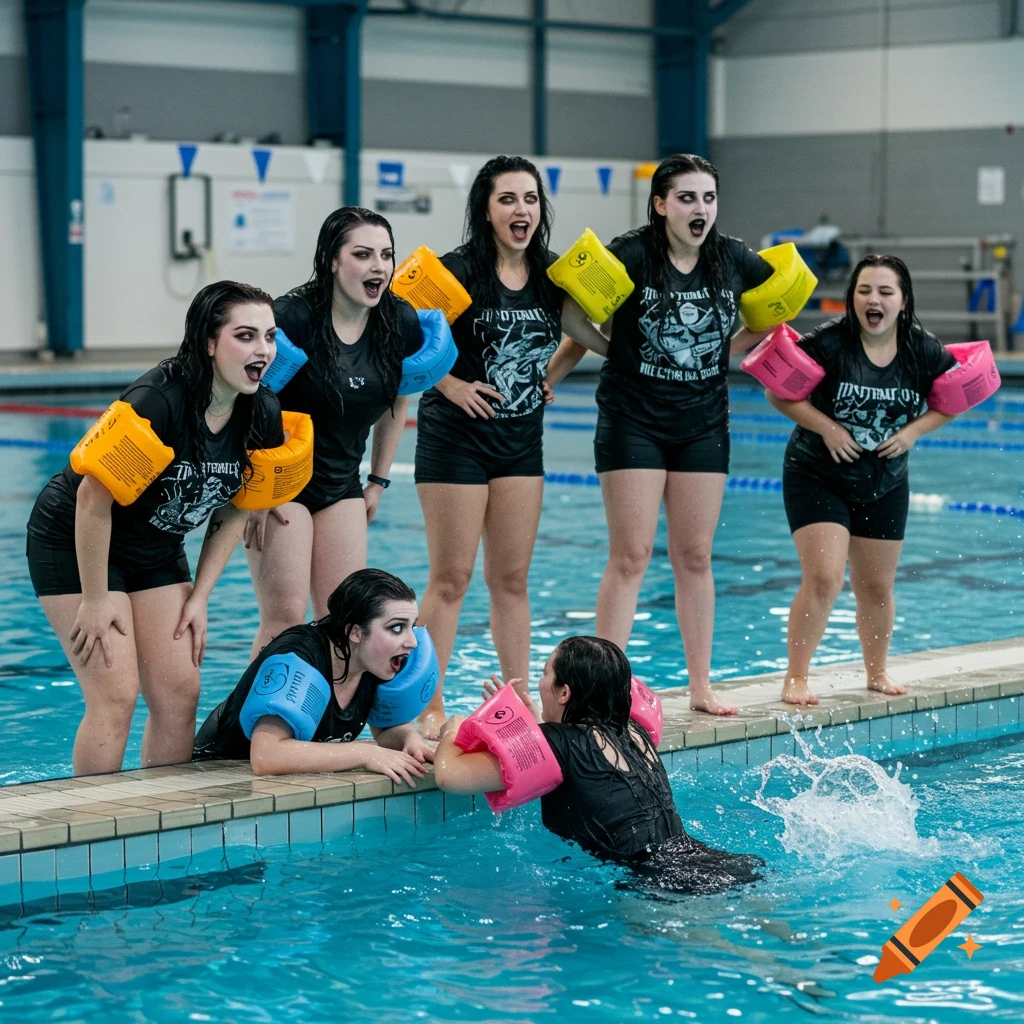 A group of goth women with exaggerated expressions and armbands crouch by a swimming pool, while two are in the water.