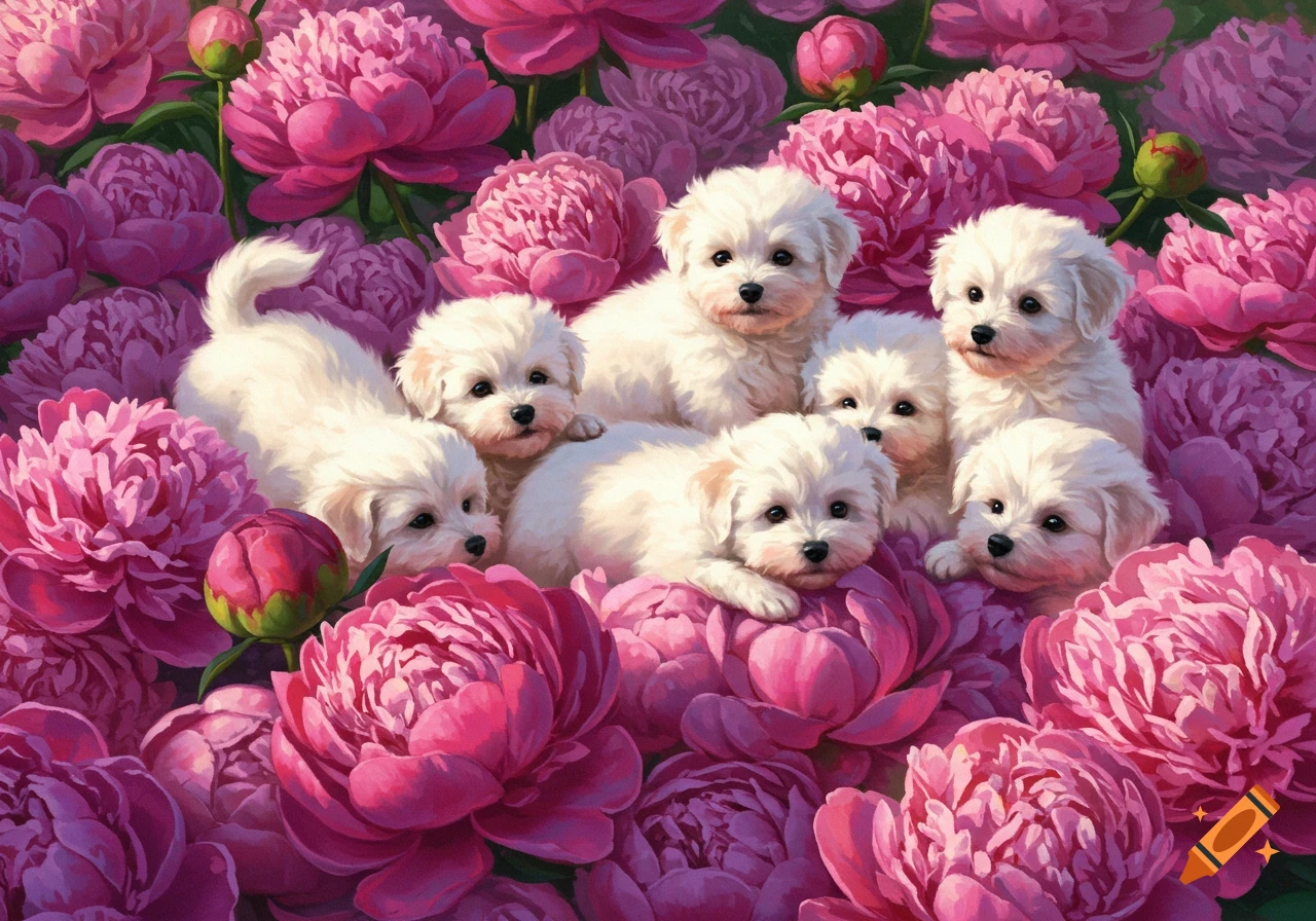 Eight fluffy white puppies nestled among vibrant pink peonies in an illustration.