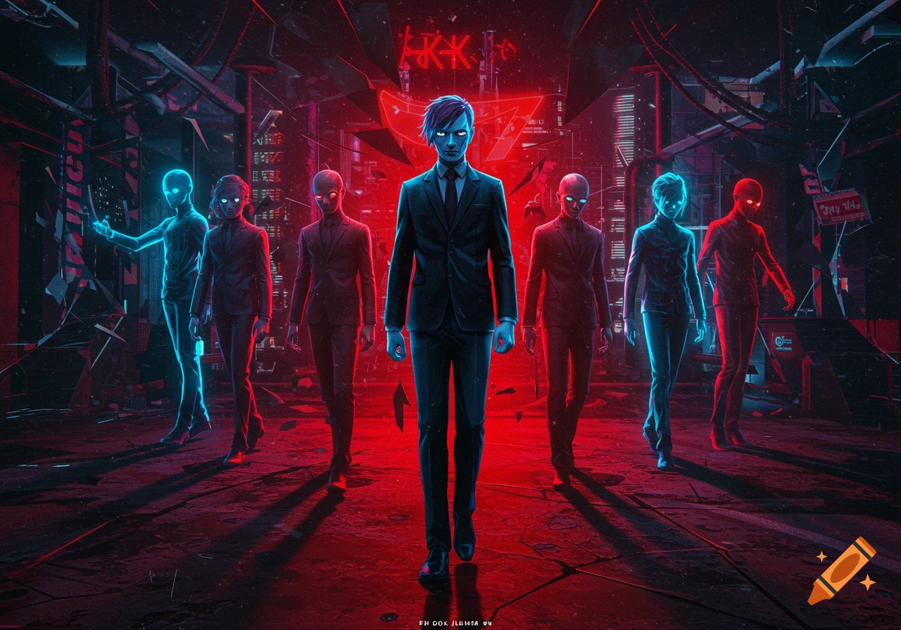 Seven glowing figures in suits, some red, some blue, walk forward in a dark, neon-lit cyberpunk city street.
