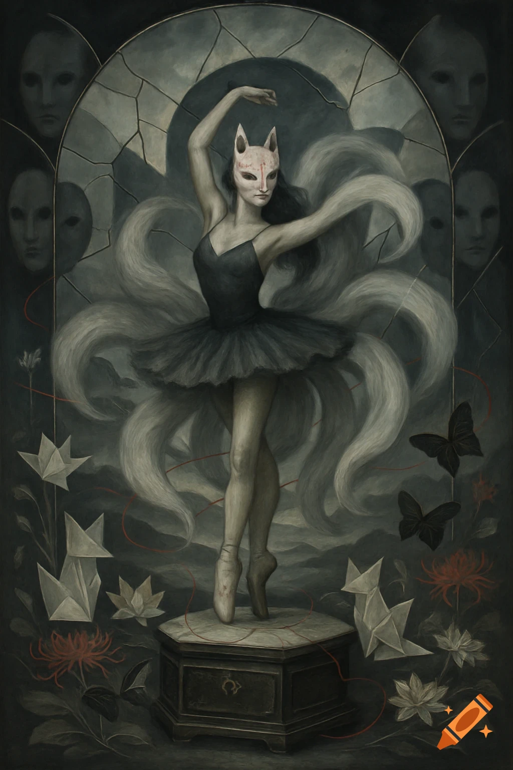 A graceful ballerina with a fox mask and many tails dances on a music box in a dark, surreal painting with origami and masks.