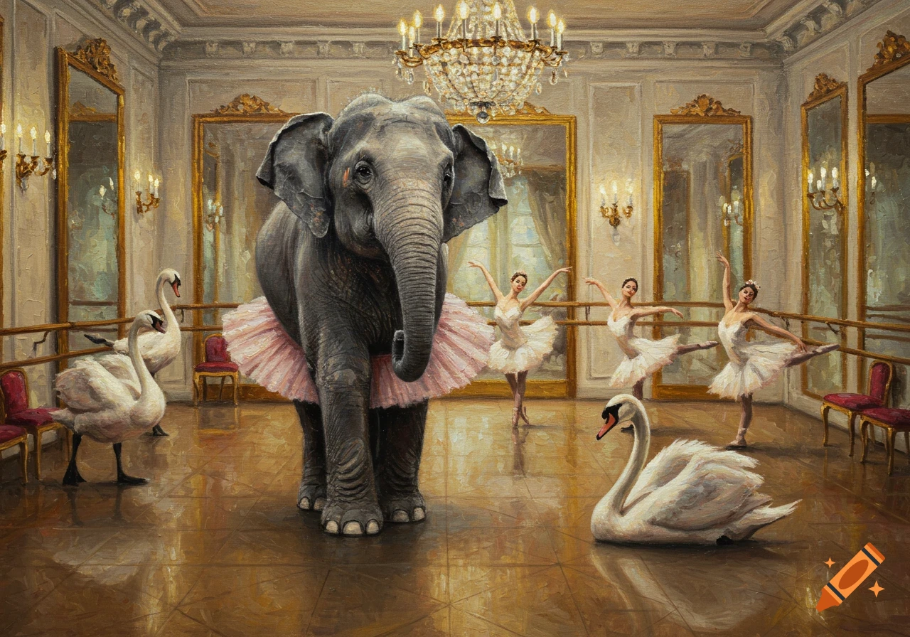 Oil painting of an elephant in a pink tutu with ballerinas and swans in an elegant dance studio.