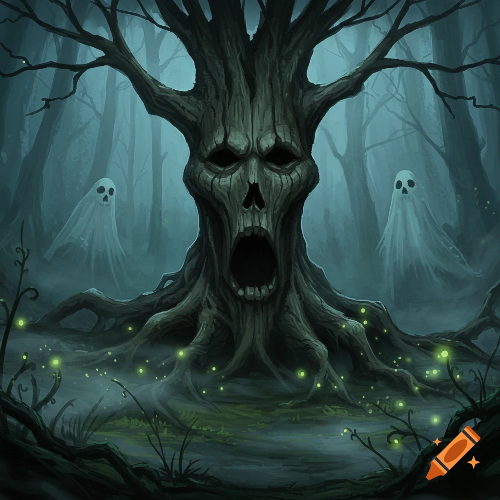 A screaming tree with a skull-like face and root-like hands in a dark, misty forest with two ghosts and glowing green lights, digital illustration.