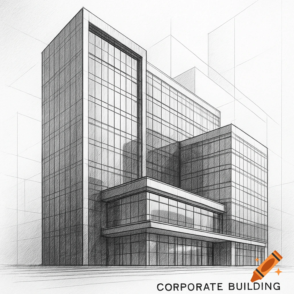 A detailed pencil sketch of a modern corporate building with glass windows and geometric shapes, on a white background.