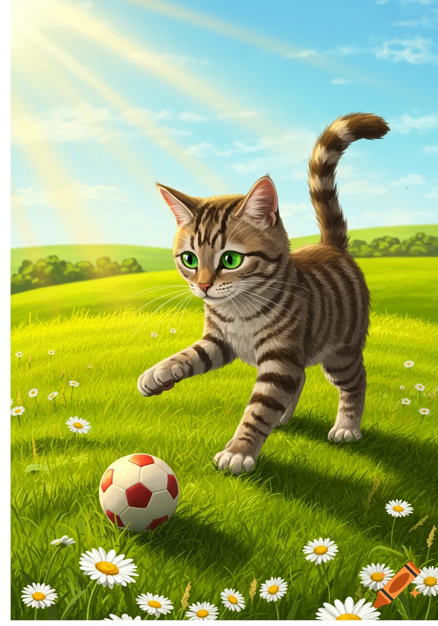 A vibrant illustration of a tabby kitten with green eyes playing with a red and white soccer ball in a sunny, green field with daisies.