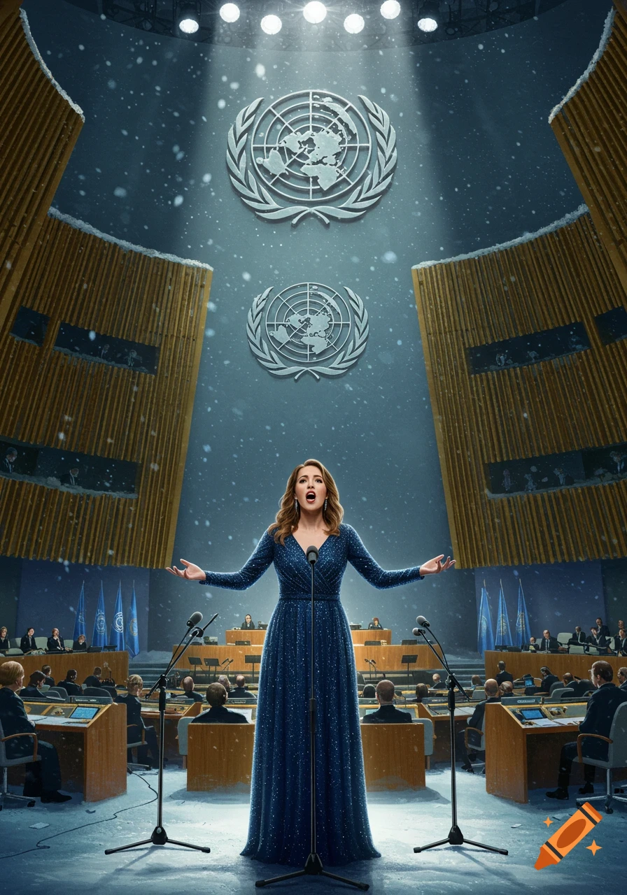 An opera singer in a sparkling blue gown sings dramatically on stage under spotlights, surrounded by snow inside a large United Nations assembly hall.