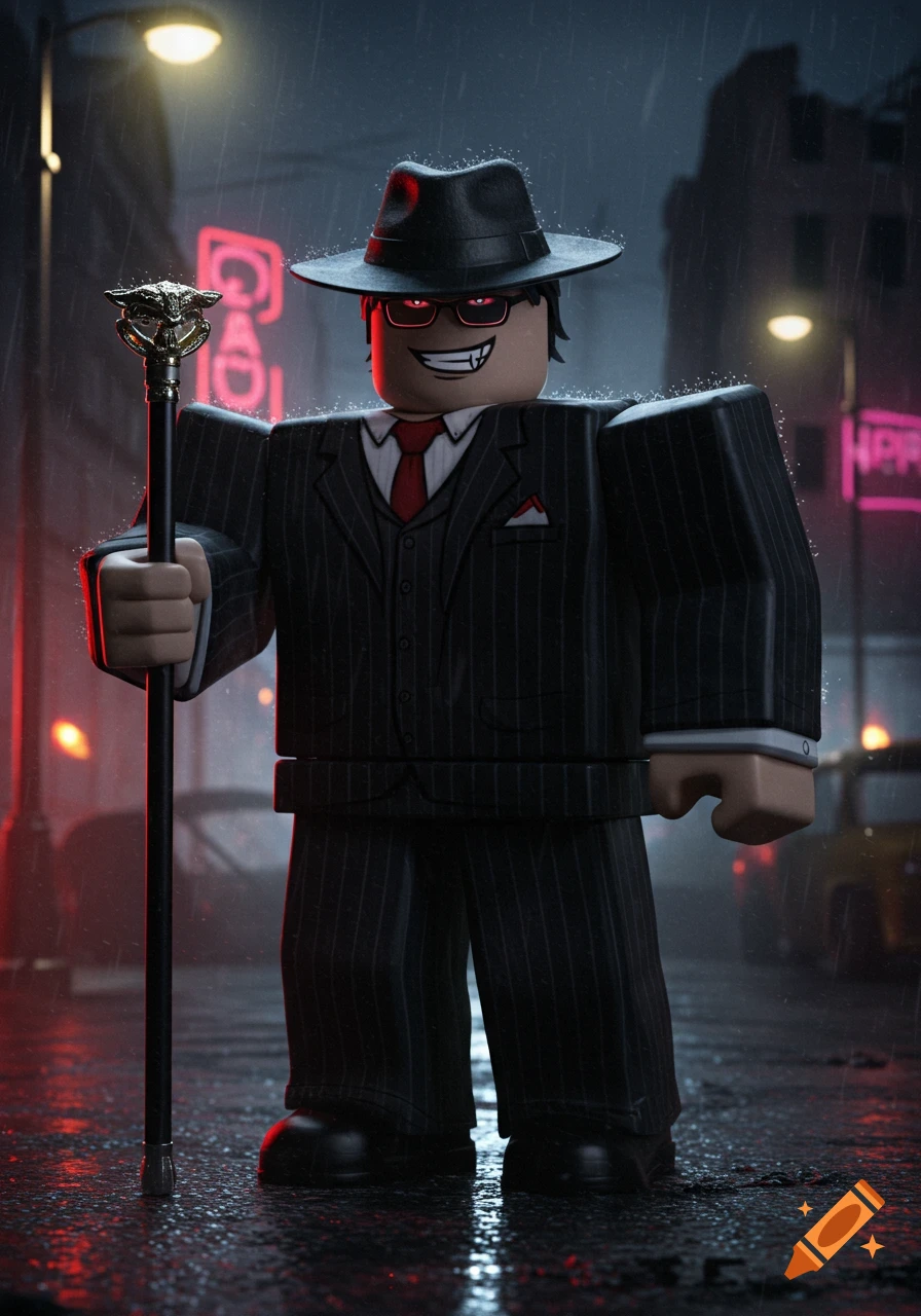 Roblox character in a pinstripe suit, fedora, red tie, glowing red eyes, and fangs, holding a skull-topped cane on a rainy urban street.