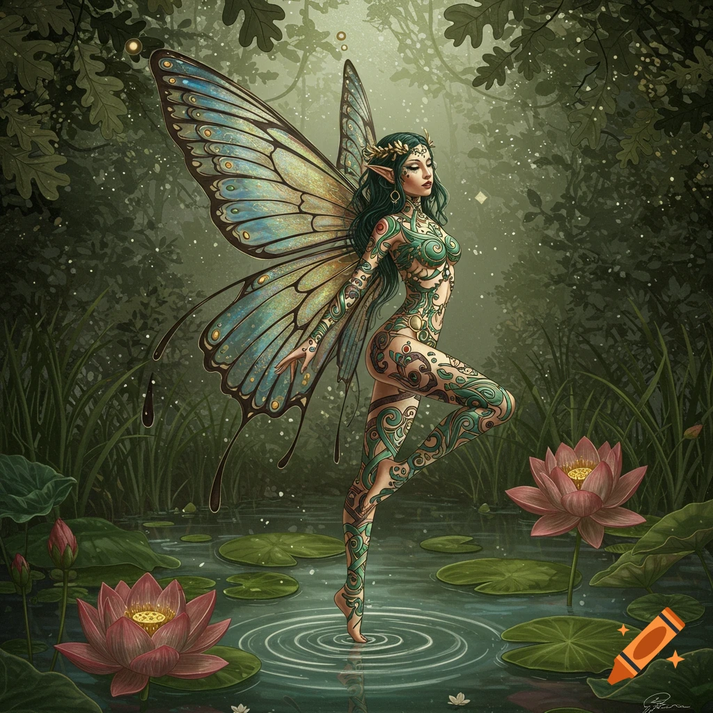 A neo-traditional fairy with intricate green patterns on her body and large blue butterfly wings stands in a forest pond with water lilies.