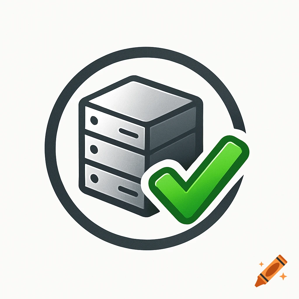 A stylized icon featuring a server rack and a large green checkmark.
