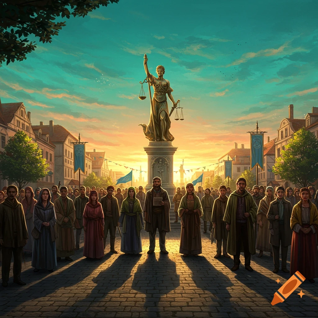A crowd of people stands in a town square before a large statue of Lady Justice, under a dramatic sunset sky, in an illustrated style.