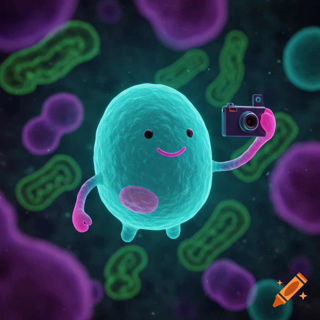 A cute, smiling teal cell with pink limbs holds a small camera, taking a selfie amidst a microscopic field of green and purple cells.