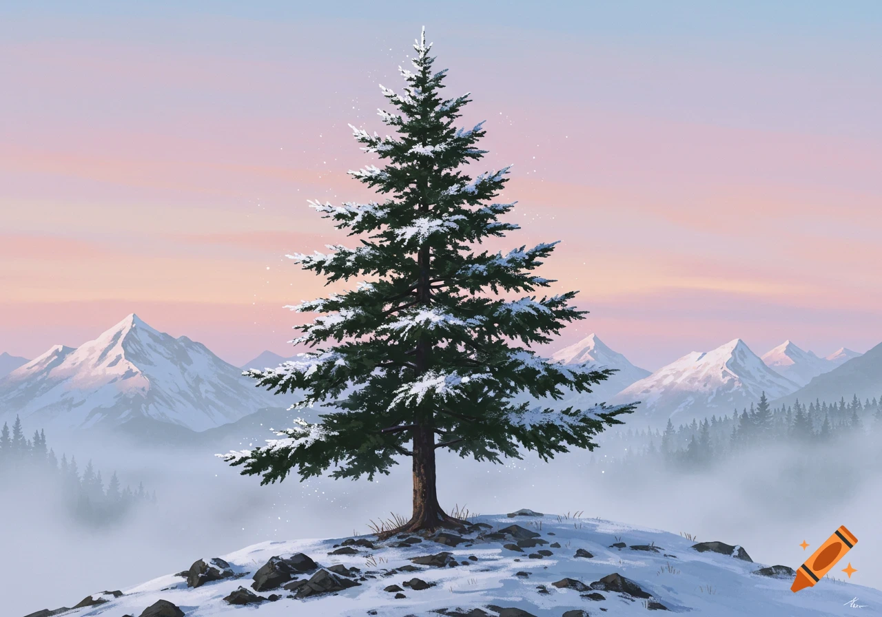 An alpine fir tree stands alone on a snowy hill, with snow-capped mountains and misty valleys in the background under a pastel sky.