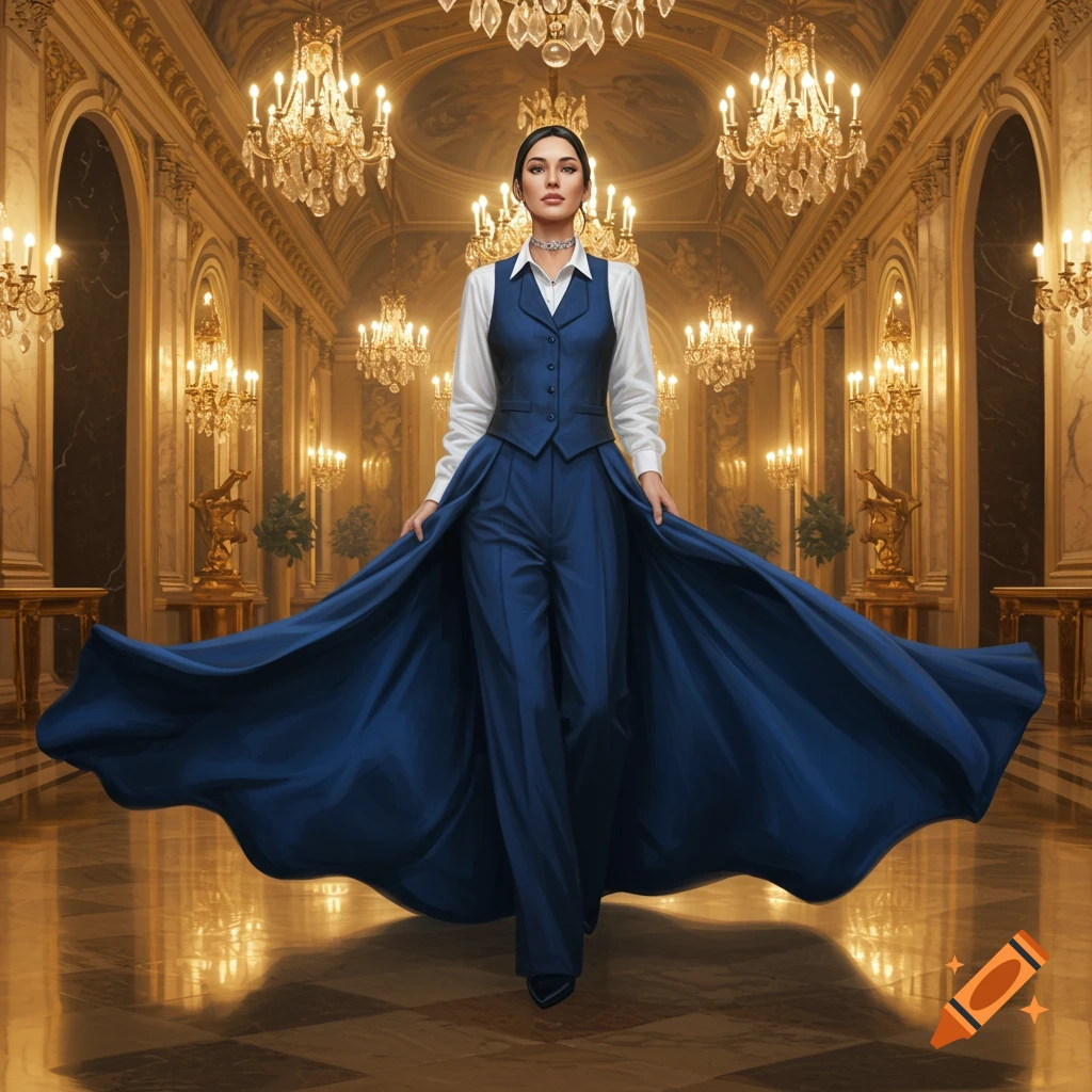 A woman in a blue pantsuit with a long flowing cape walks through a grand, ornate golden hall filled with chandeliers.